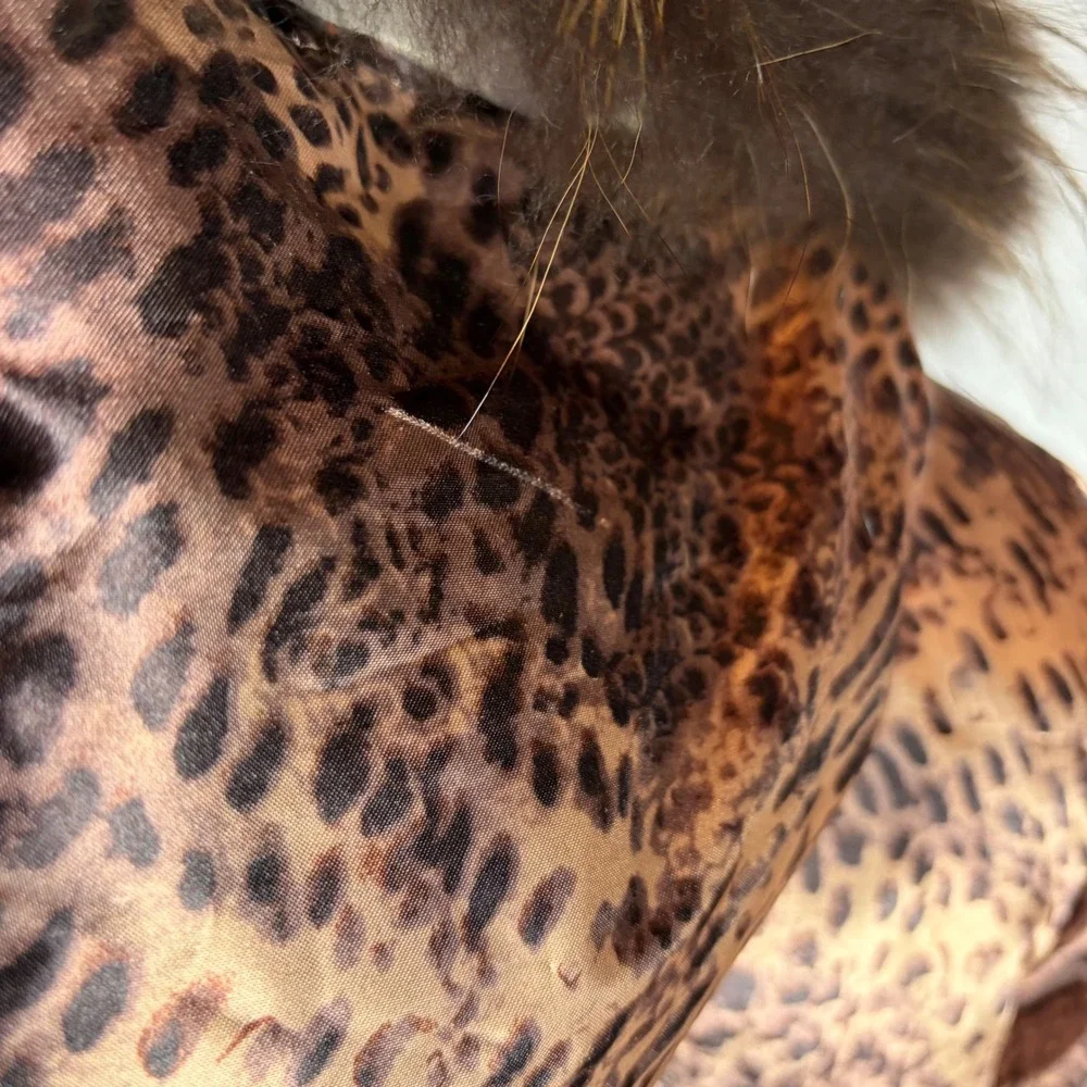 Tuleh Y2K Leopard Print Real Fur Trim Hooded Trench Coat M B35 W31 H38 DAMAGED